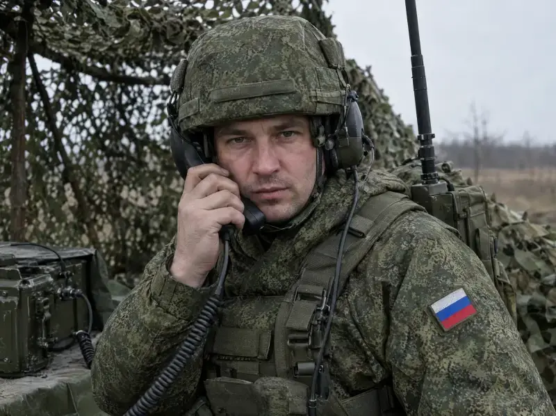 Связист с телефонной трубкой полевой радиостанции