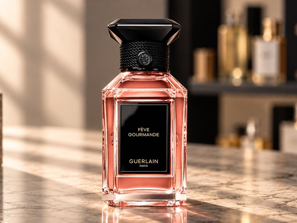 Guerlain Fève Gourmande - флакон парфюма на стойке магазина