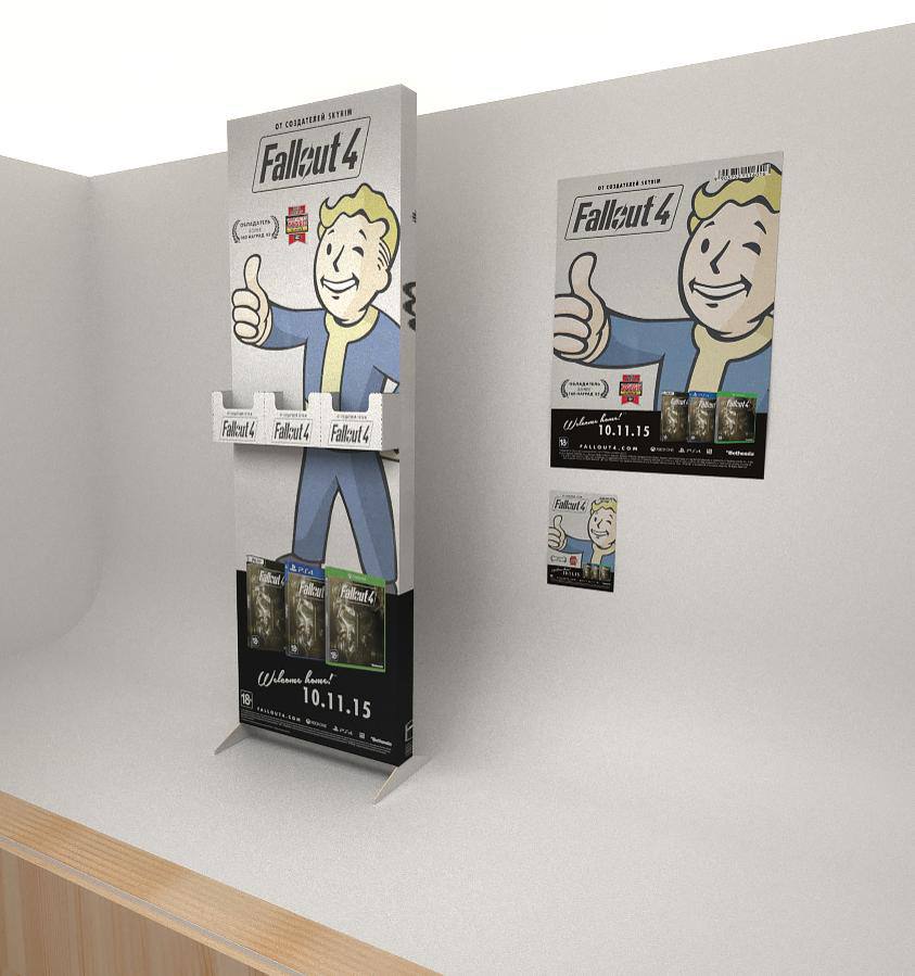 Фигурный дисплей с персонажем Vault Boy и рекламные постеры Fallout 4