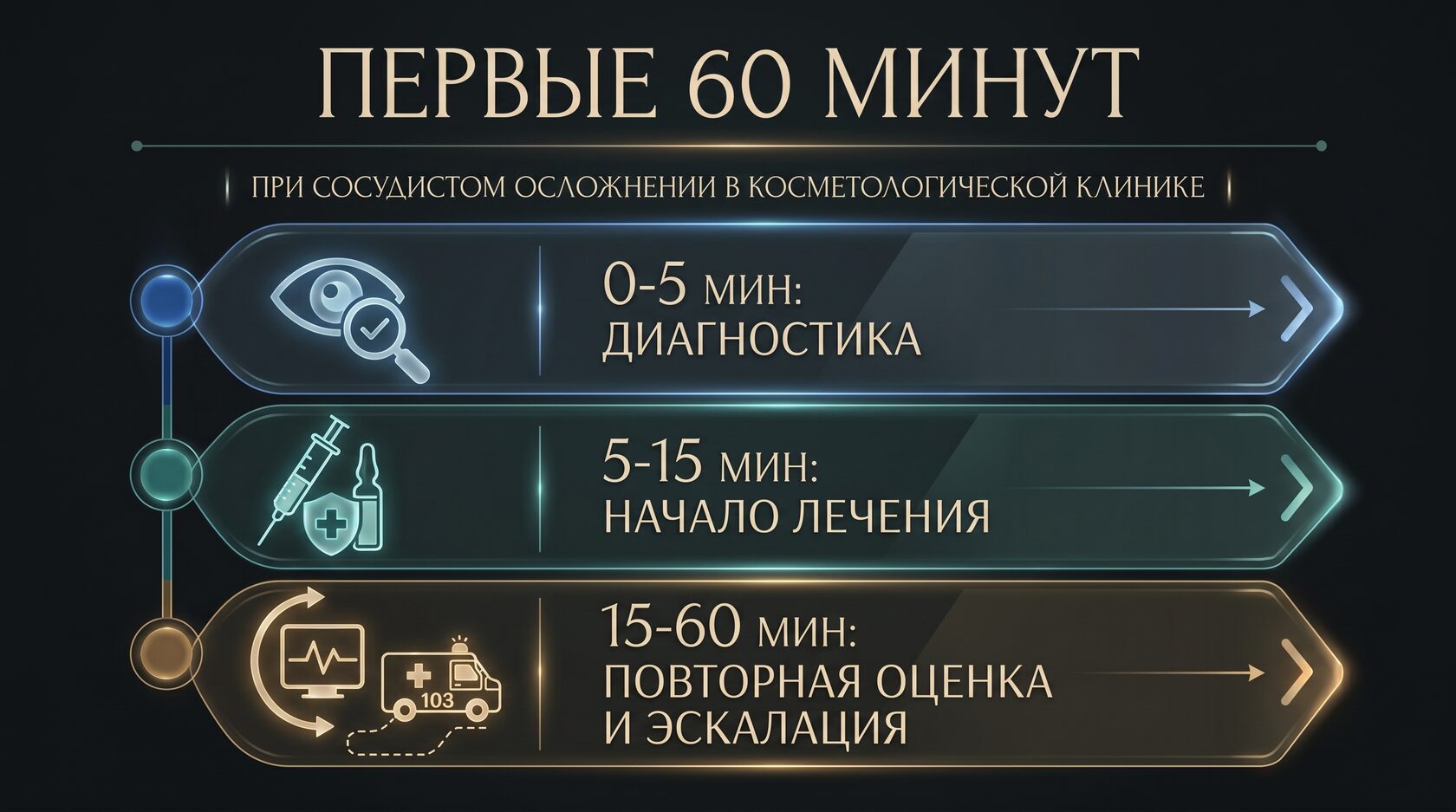 Временная шкала первых 60 минут при ишемии