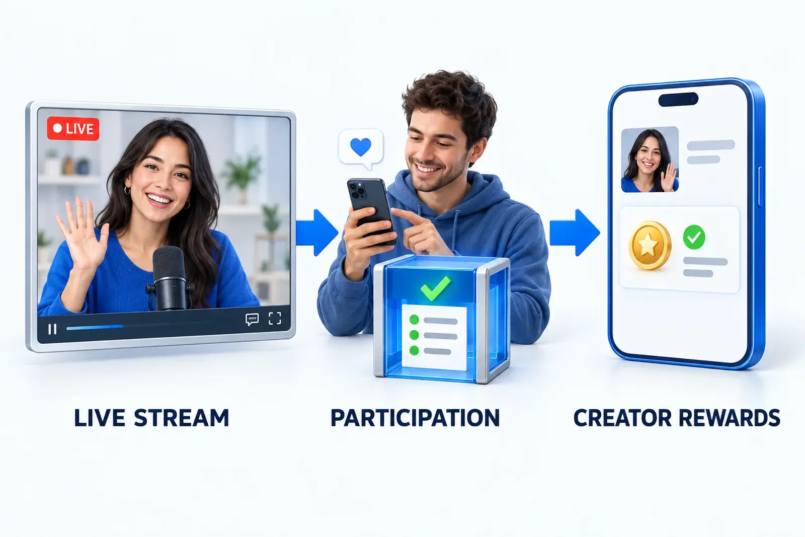 A creator hosts a live stream, a viewer participates, and software checks reward rules before digital rewards appear in the creator's wallet.