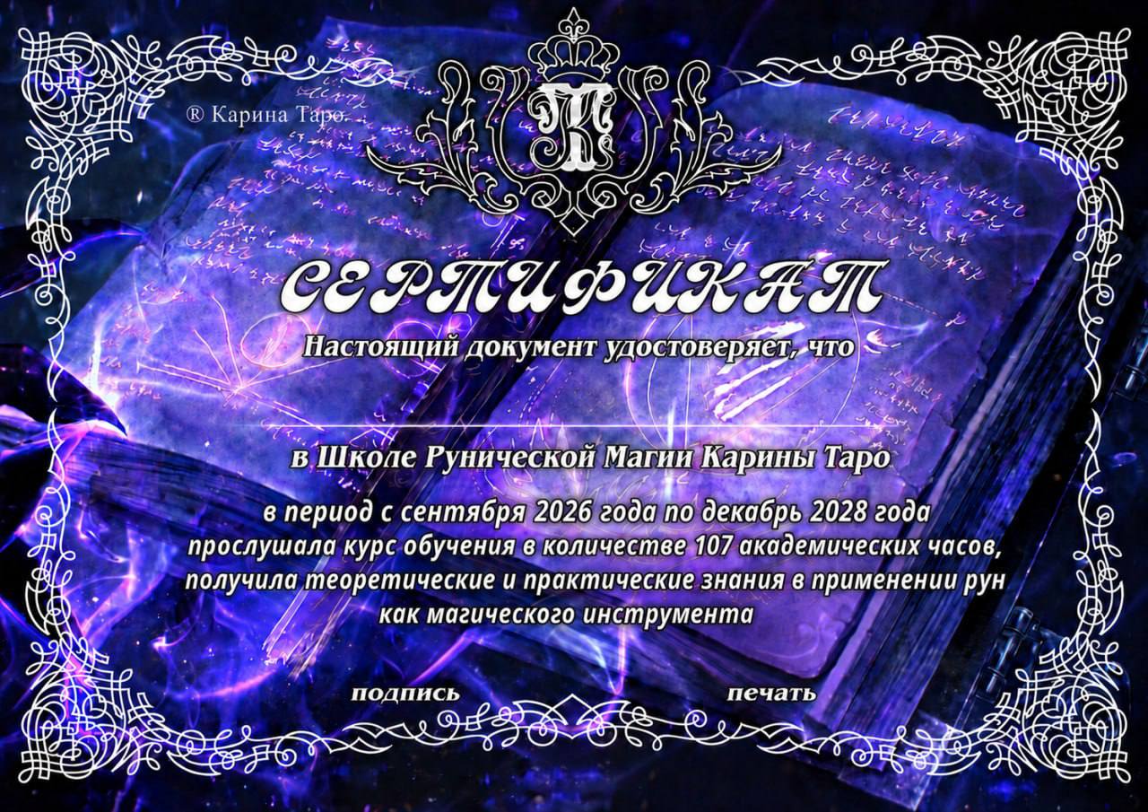 Сертификат слушателя Школы Рунической Магии Карины Таро