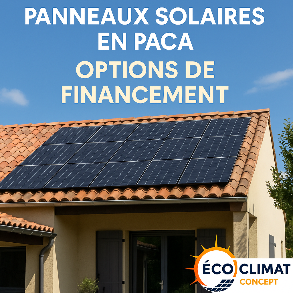 Maison moderne en Provence-Alpes-Côte d’Azur équipée de panneaux solaires noirs sur le toit en tuiles, ciel bleu, logo ÉCO CLIMAT CONCEPT visible — illustration des options de financement pour l’installation photovoltaïque en PACA.