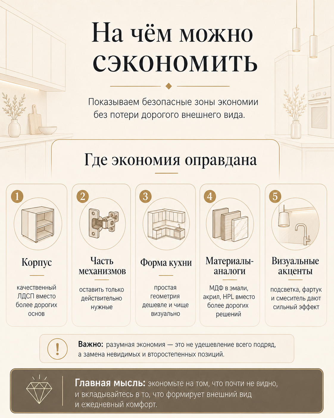 Инфографика: на чём можно сэкономить без потери дорогого внешнего вида кухни
