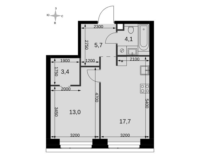 Планировка 1-комнатной квартиры 43,9 м² в ЖК «Амбер Сити»: корпус 4, секция 1, 19-й этаж