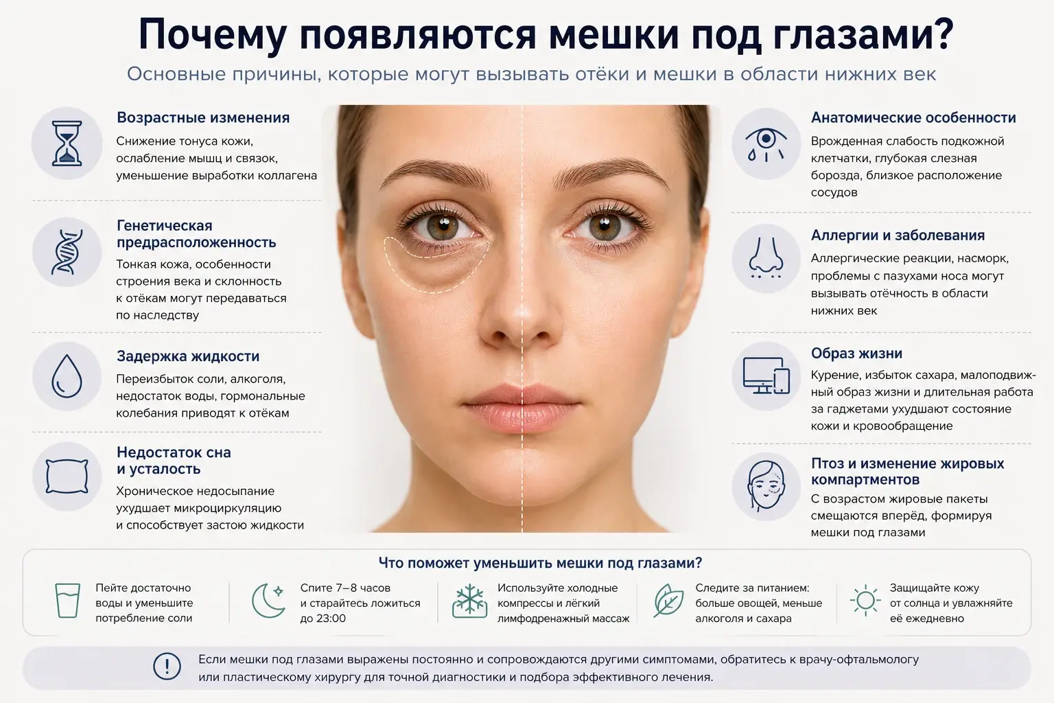 Почему появляются мешки под глазами — основные причины отеков и изменений нижних век