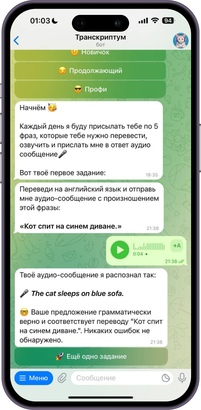 Транскриптум - AI чат-бот для тренировки навыков разговорной речи на  английском, французском и немецком