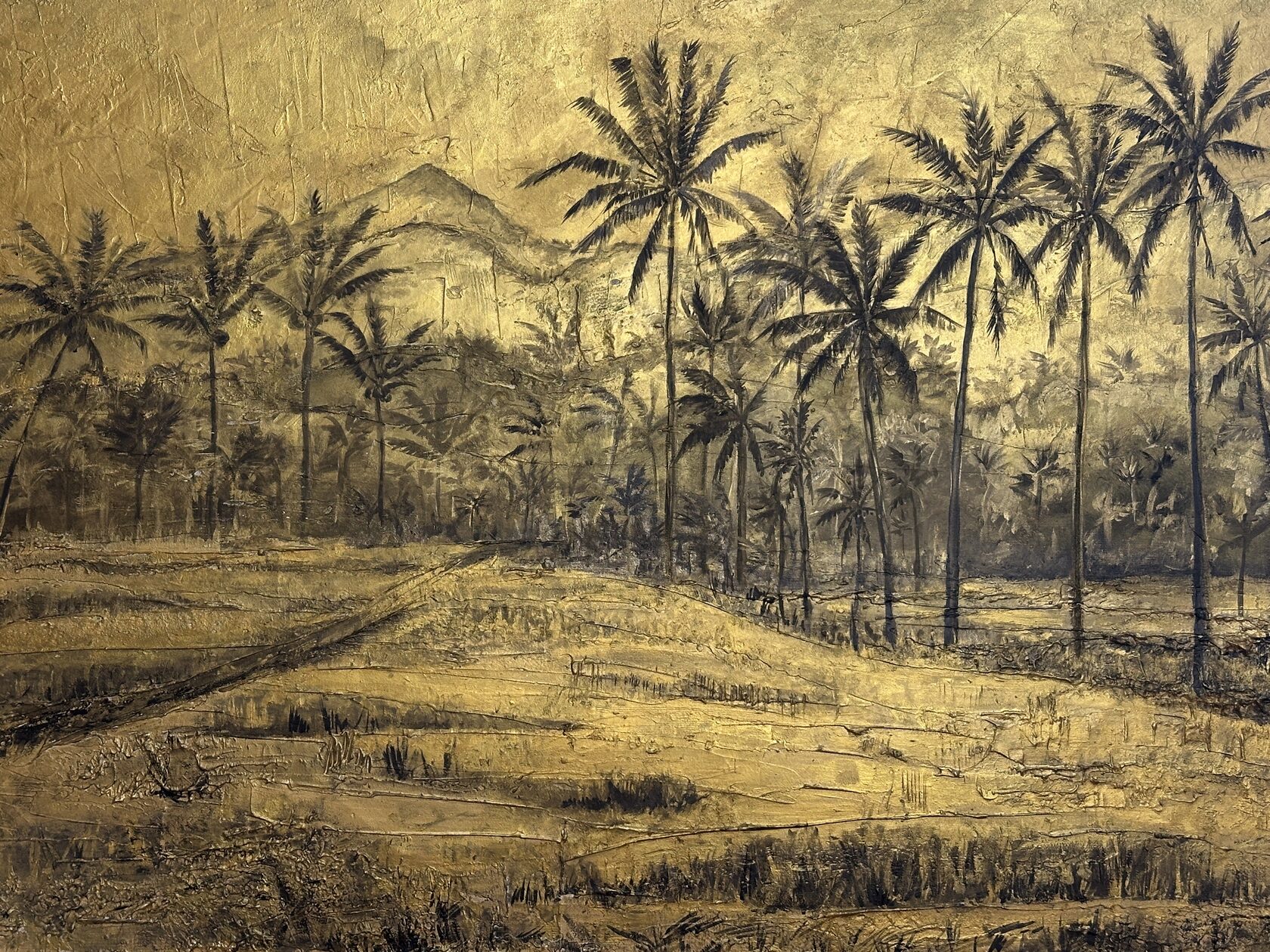 Mountain landscape with palm trees, antique gold ground, dark silhouettes — oil and gold leaf on linen