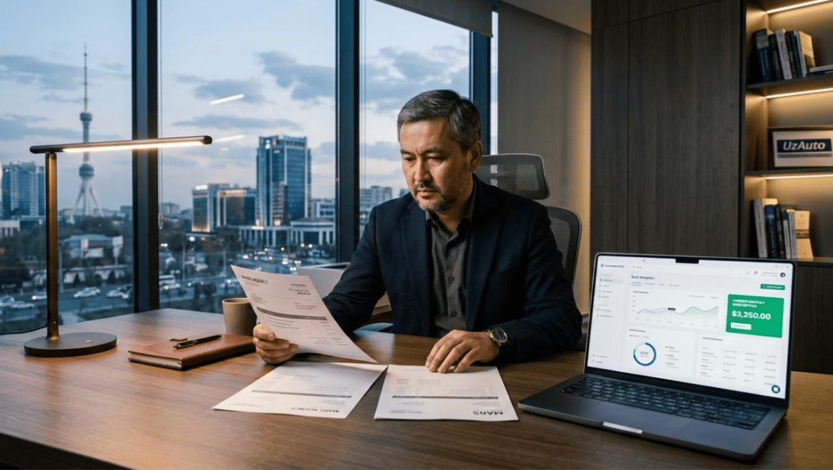 A CMO in a Tashkent office compares a traditional marketing agency retainer invoice against an AI platform dashboard showing lower monthly costs in 2026.