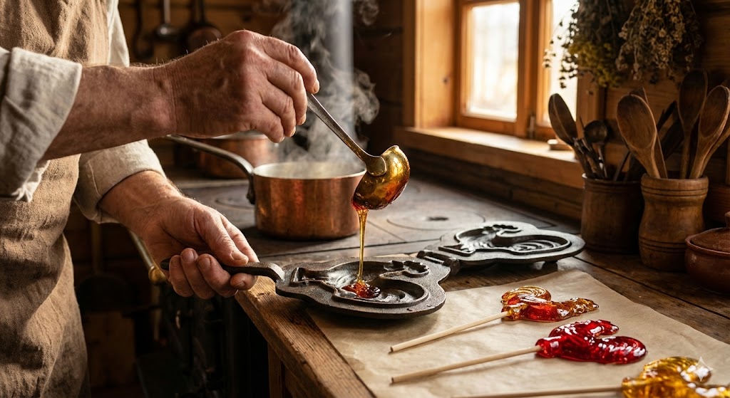 Процесс заливки сахарного сиропа в старинную форму для леденцовых петушков.