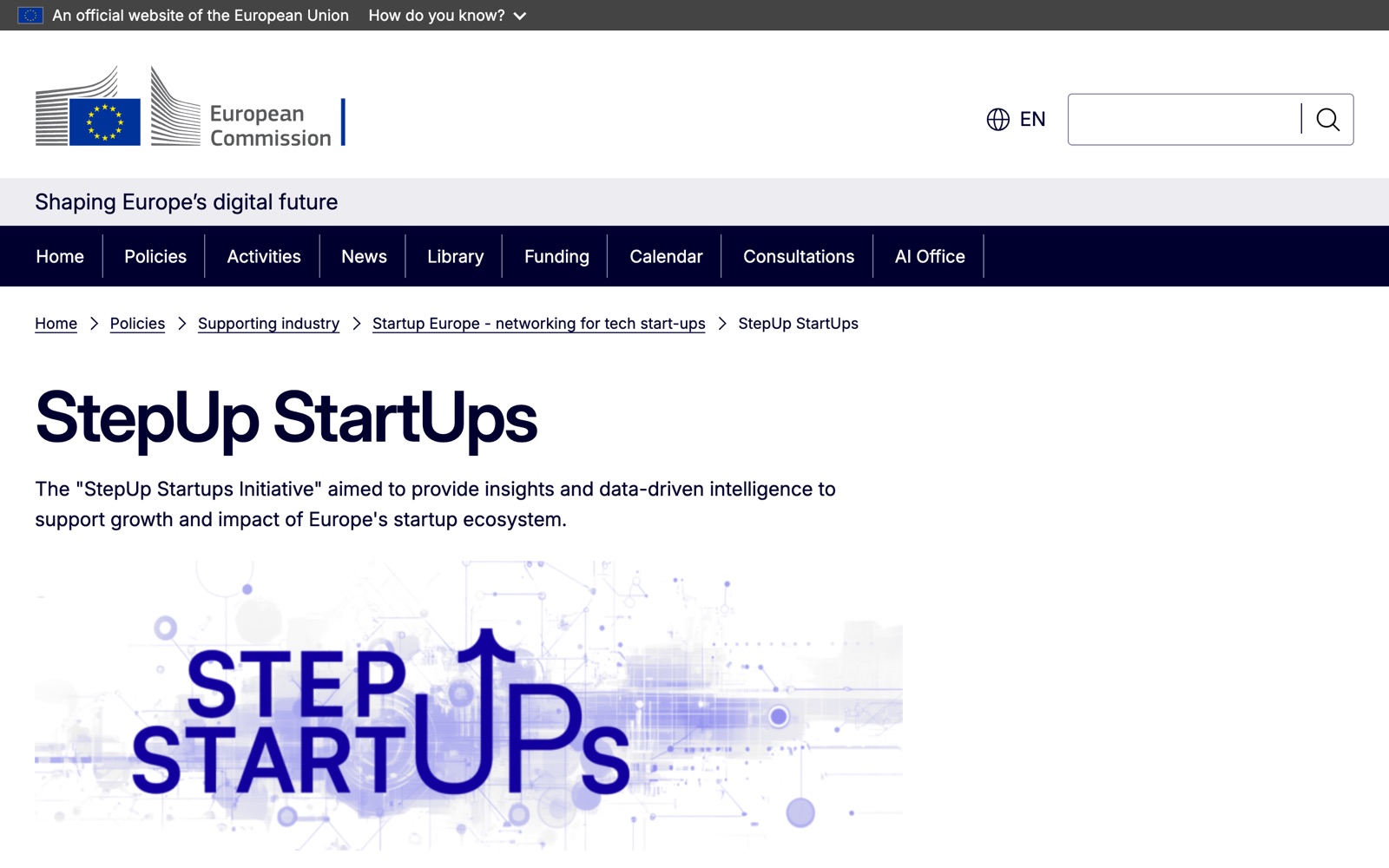 StepUp StartUps official page screenshot: European Commission page on the startup ecosystem initiative