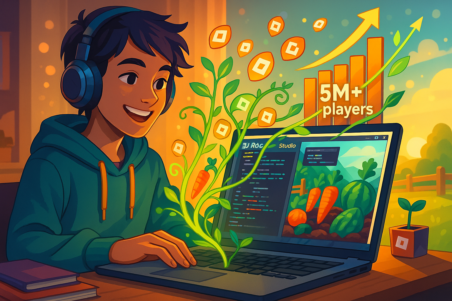 Подросток создает игру в Roblox Studio: на экране ноутбука код и симулятор фермы Grow a Garden. Растения превращаются в график рекордного роста в 5 млн игроков. Симбиоз программирования, геймдизайна и успеха