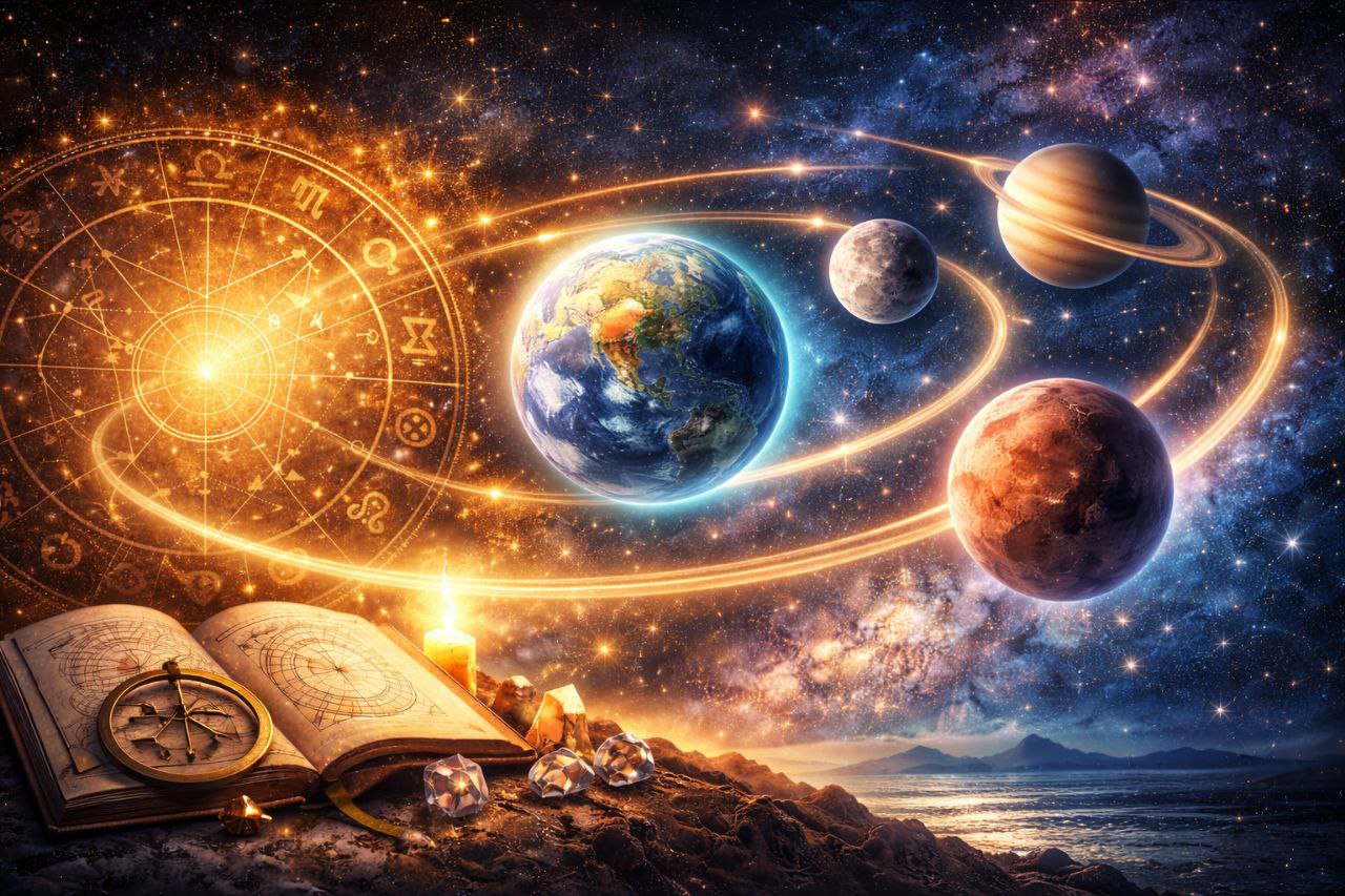 Цифровая иллюстрация, изображающая астрологические транзиты с натальной картой, планетами и кометой. На переднем плане — открытая книга с астрологическими знаками и кристаллы, в космосе — планеты, включая Луну, Сатурн и Марс, соединённые яркими лучами