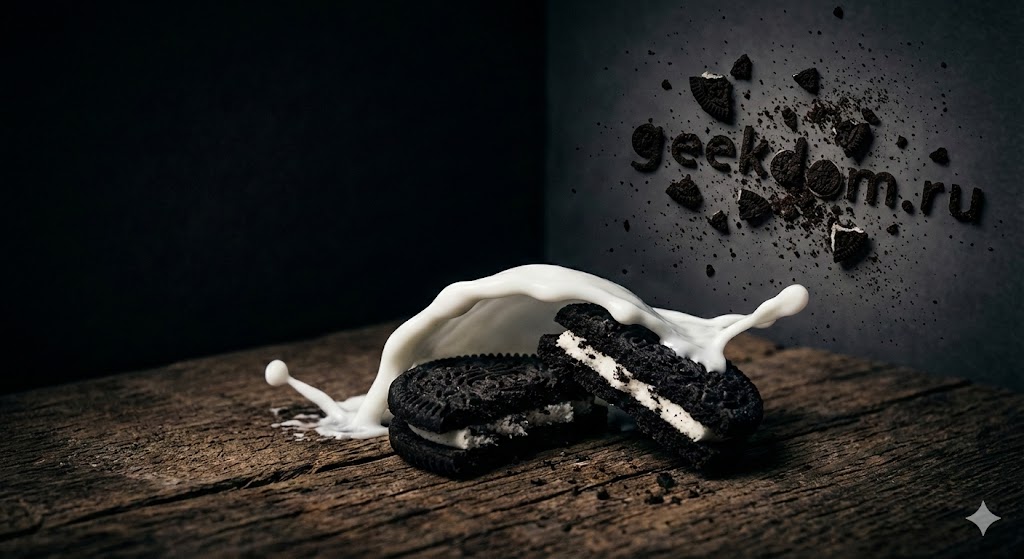День печенья Oreo крупный план разломленного десерта с брызгами молока.