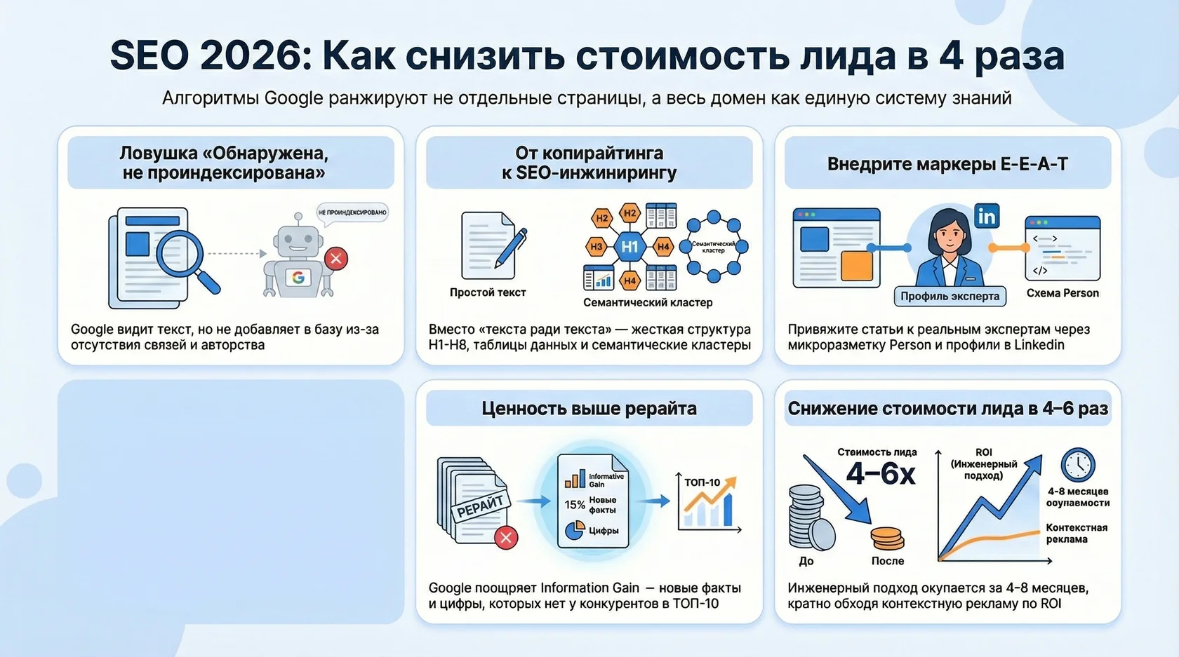 Инфографика: методы seo-инжиниринга и внедрение маркеров e-e-a-t для снижения стоимости лида.