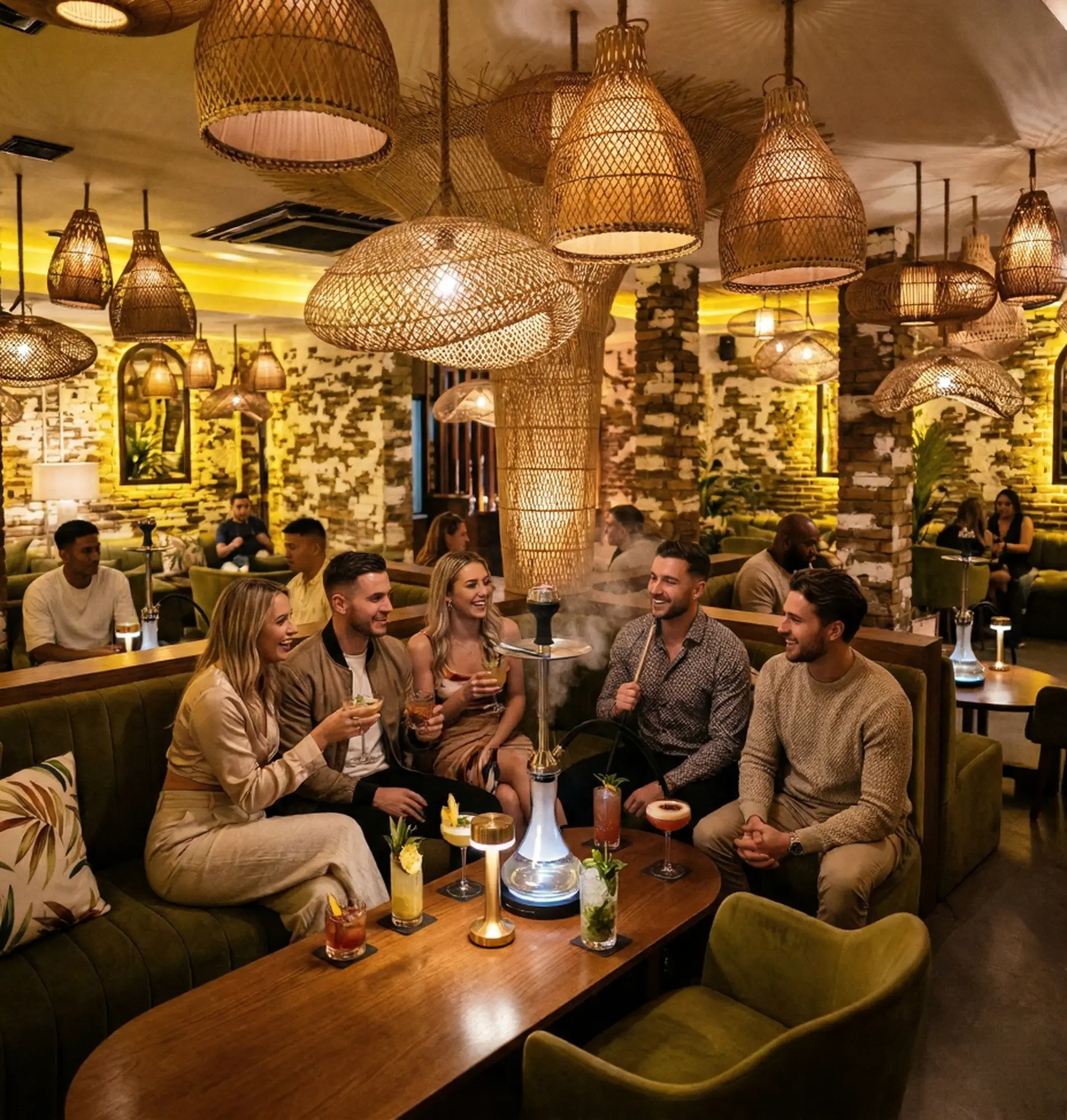 A group of friends enjoying cocktails and premium shisha under stylish woven bamboo lamps at Eden Hookah Club, easily one of the best bars in Bali for a relaxed late-night lounge vibe.