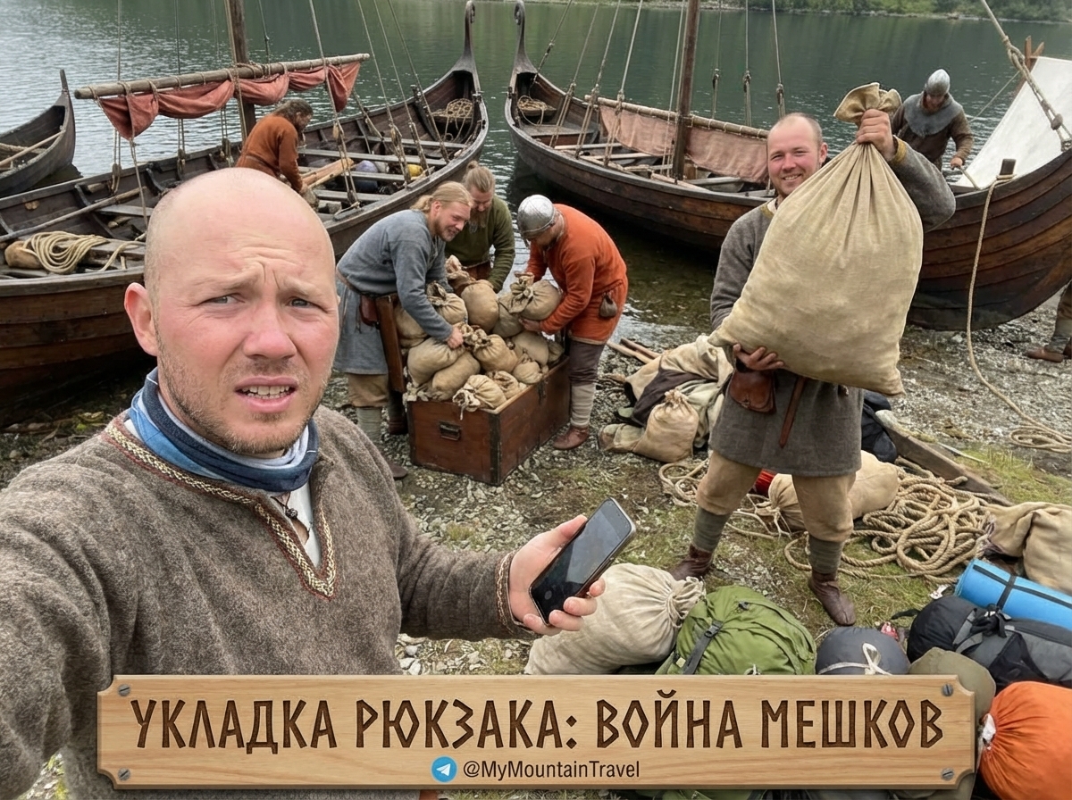 Туристический рюкзак и разложенные рядом гермомешки для упаковки вещей