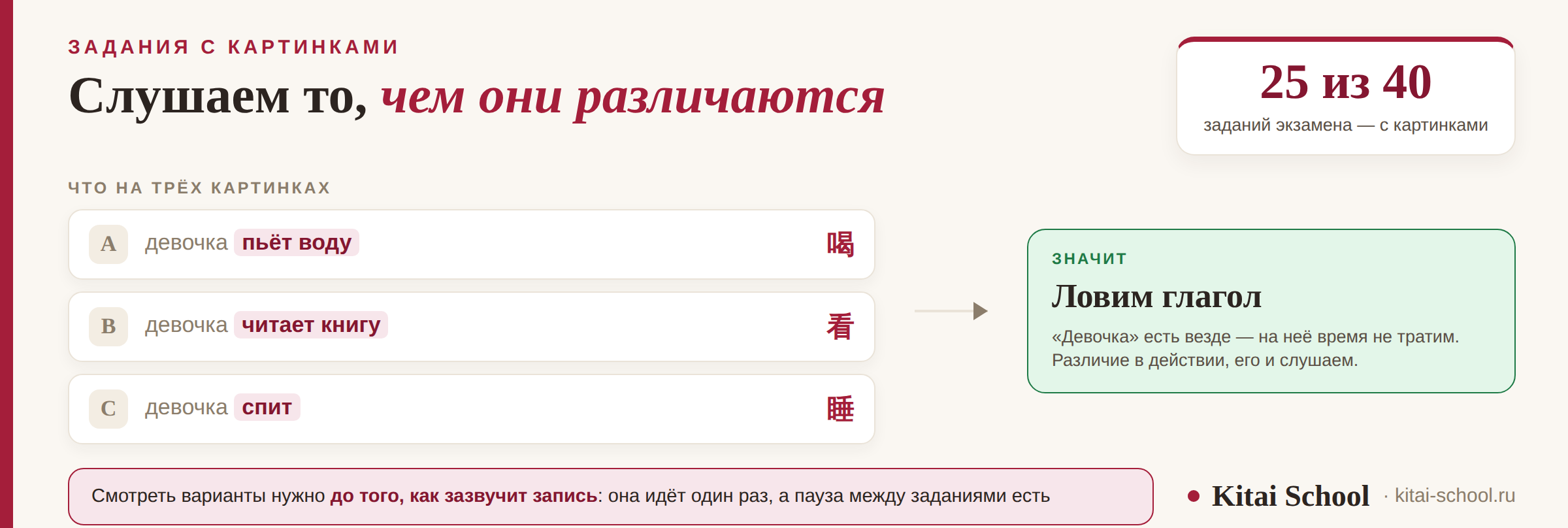Три варианта задания HSK 1: общая часть одинаковая, различие подсвечено — именно его и нужно услышать