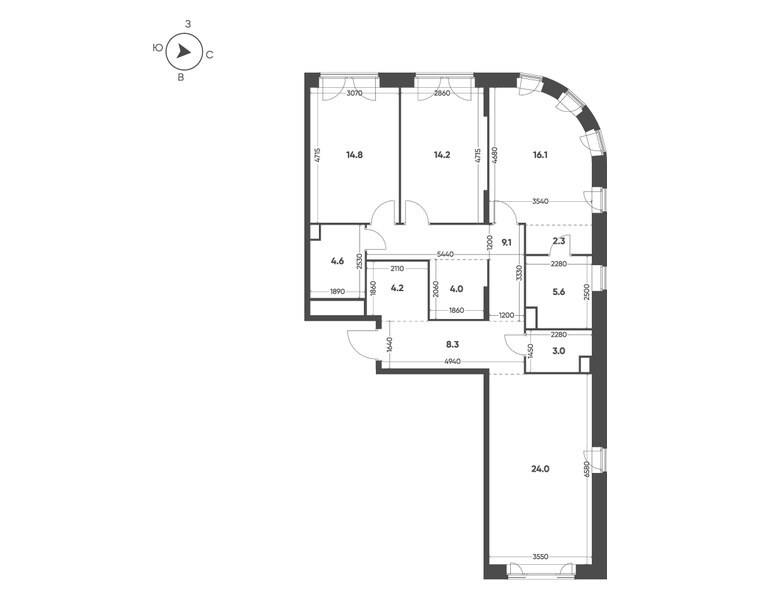Планировка: 3-комнатная квартира 110,2 м² в ЖК «Мариин Парк», секция 1.1, 9-й этаж