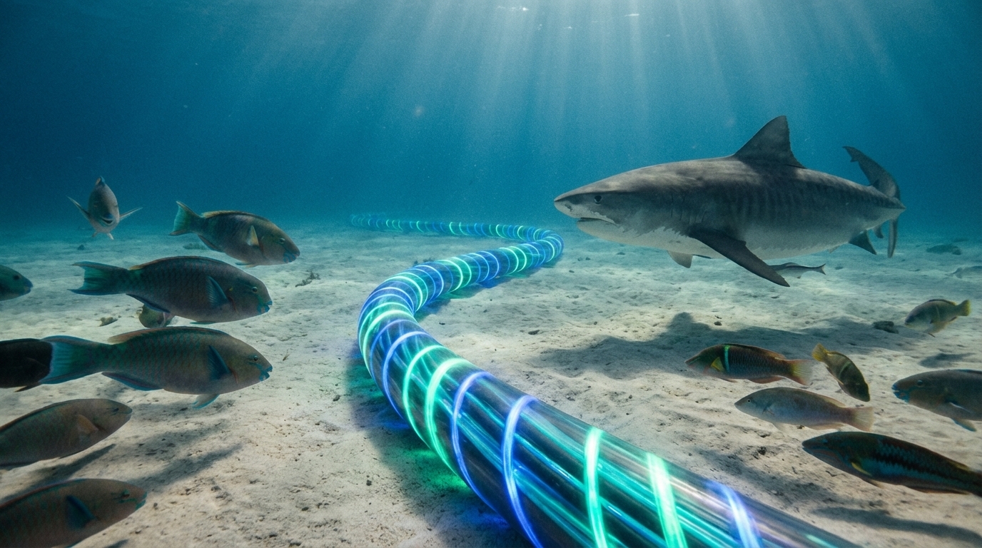 Светящийся оптоволоконный кабель лежит на дне океана среди проплывающих рыб