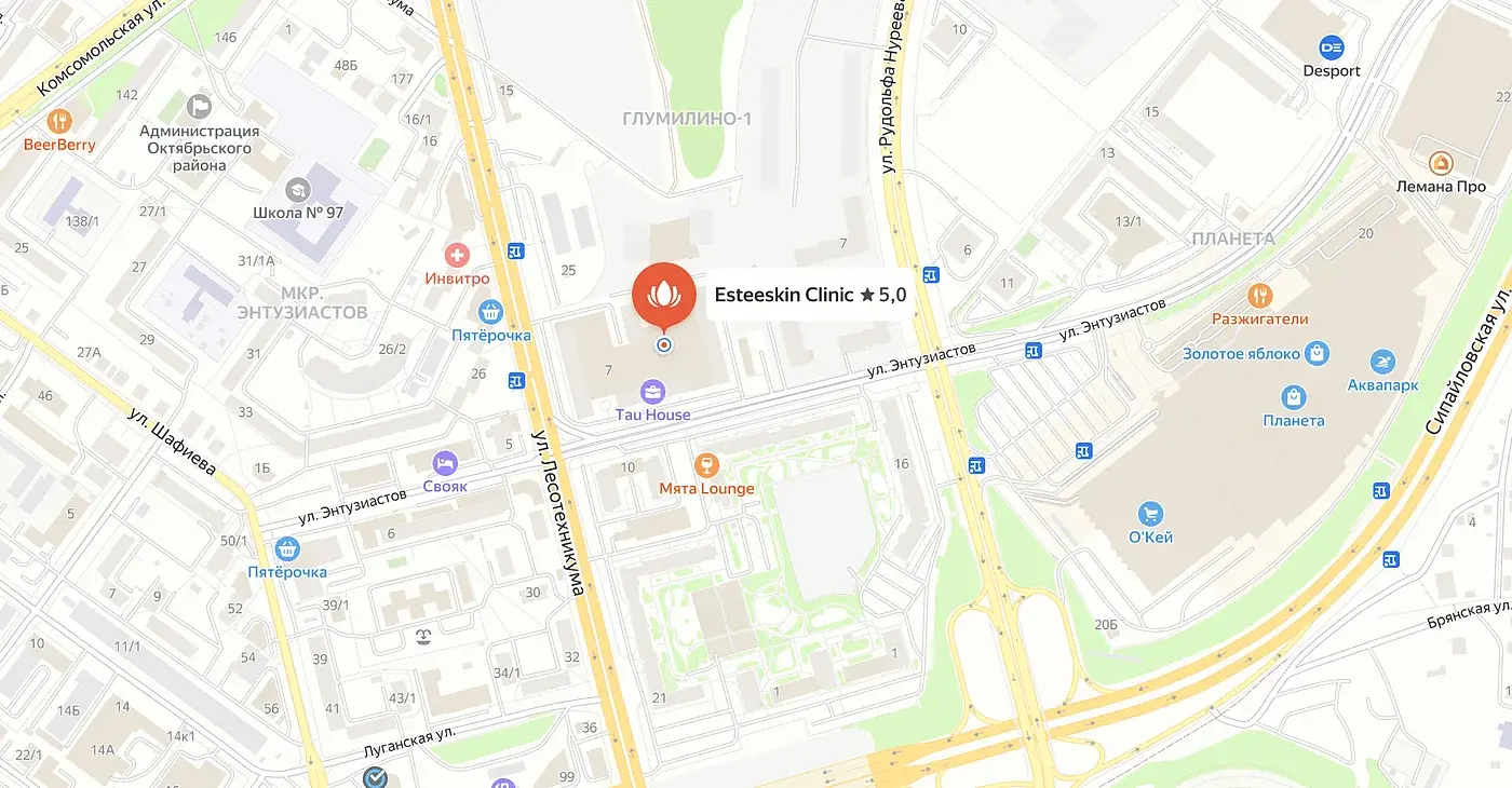 Карта: клиника ESTEESKIN на ул. Энтузиастов, 7 в Уфе