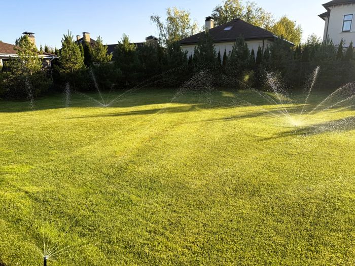 работа системы автоматического полива газона на участке 16 соток