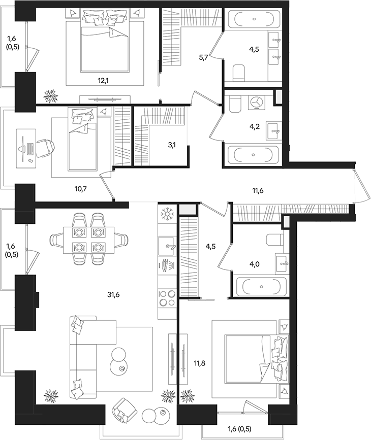 4‑комн квартира ~105 м²