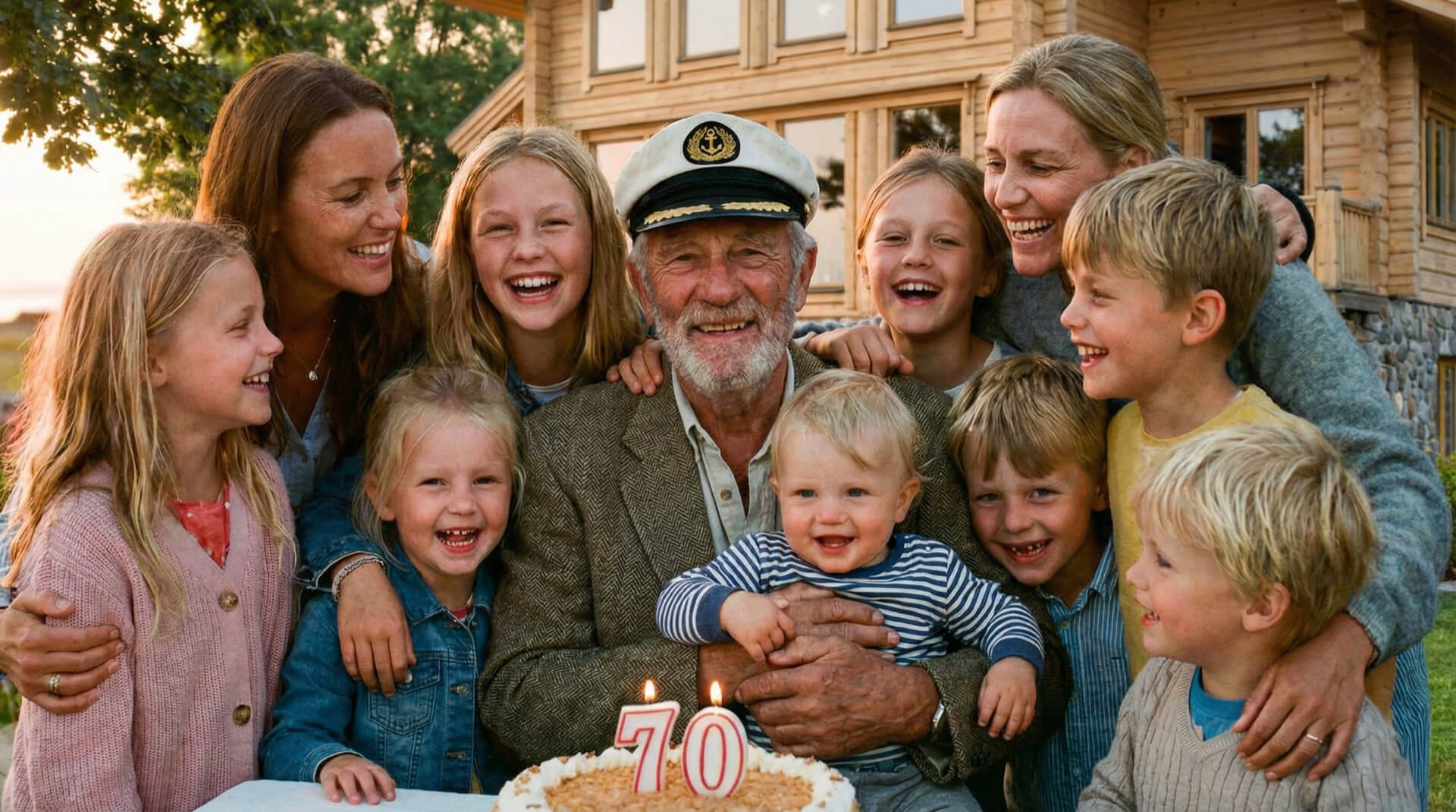 Фотография пожилого мужчины в капитанской фуражке, отмечающего свое 70-летие в кругу большой семьи. Он улыбается и держит на руках маленького ребенка, а вокруг него тесно стоят две женщины и семеро детей разного возраста, все радостно смеются и смотрят в