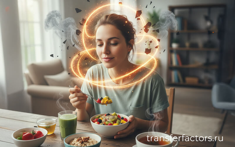 4Life Transfer Factor: здоровая еда и витамины при усталости и стрессе — девушка завтракает полезной миской и смузи