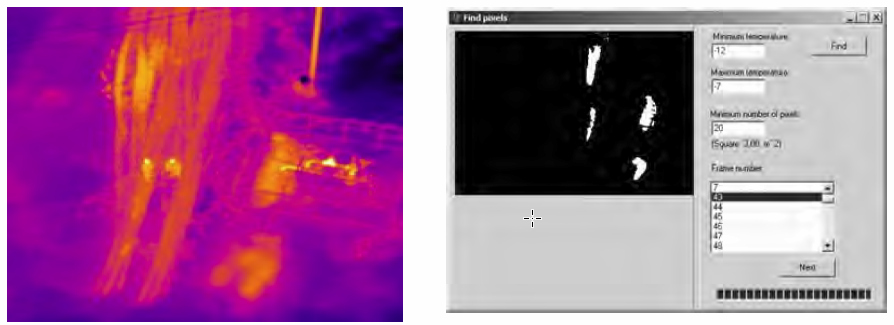 Figure 8. IR image of a transmission pipeline cranage area (left) and binary map exhibiting over 3 sq. m. areas with temperature within 7 and 12oC (right).