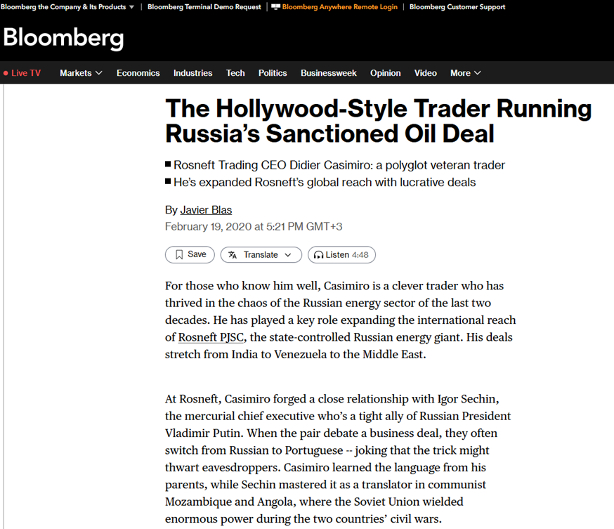 материал Bloomberg о Дидье Касимиро, февраль 2020 года
