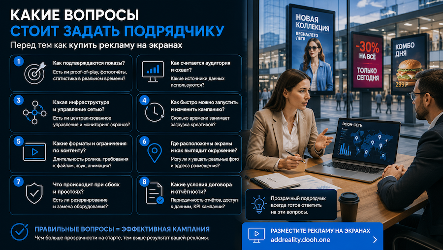 Деловая встреча за столом. На заднем плане экраны DOOH.