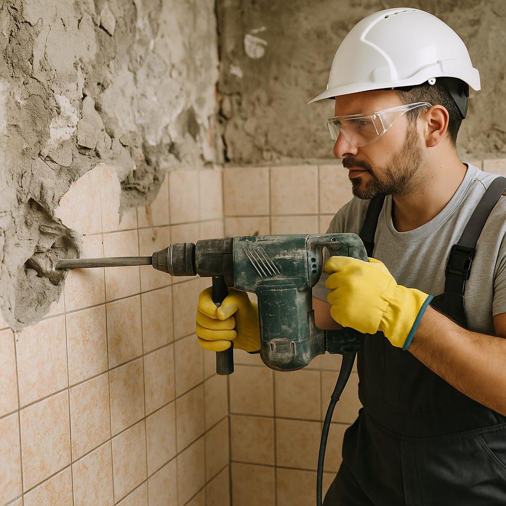 майстор с антивибрационен перфоратор кърти плочки в баня – безопасна работа с каска, очила и прахоуловител, професионално къртене на бетон и замазка