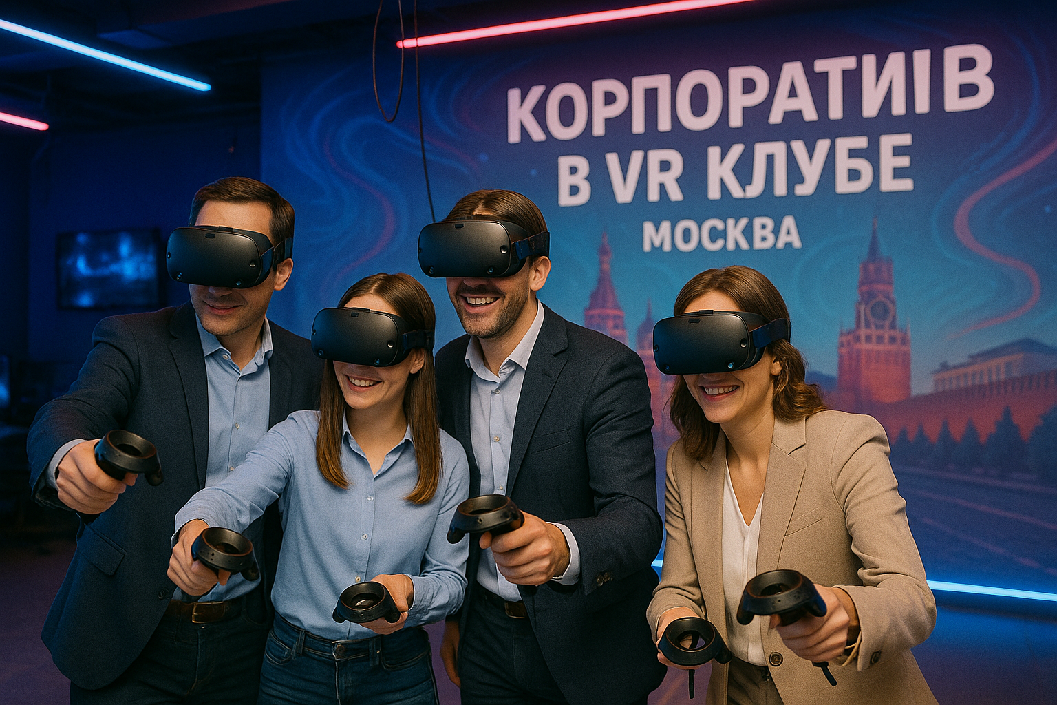Корпоратив в VR клубе Москвы - команда сотрудников в командной игре виртуальной реальности