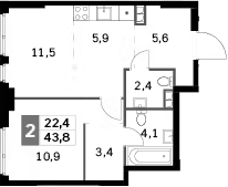 2-комн 43,8 м²