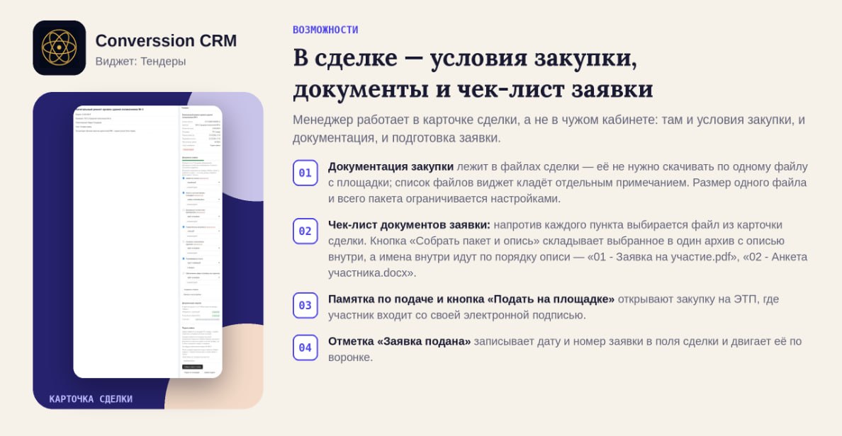 В сделке — условия закупки, документация и чек-лист заявки, сборка пакета с описью и отметка «Заявка подана»