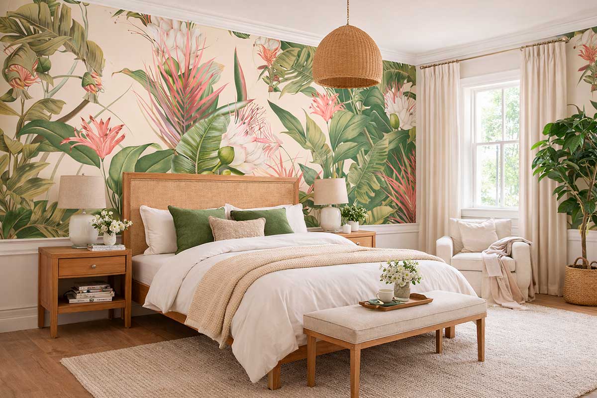 Дизайнерские обои «Аурелия» с тропическими листьями в интерьере светлой спальни с деревянной мебелью