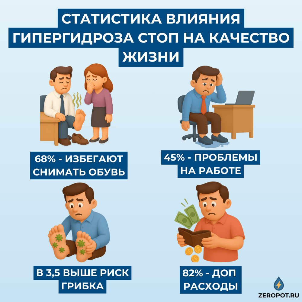 График влияния гипергидроза стоп на социальную жизнь - статистика проблем у пациентов