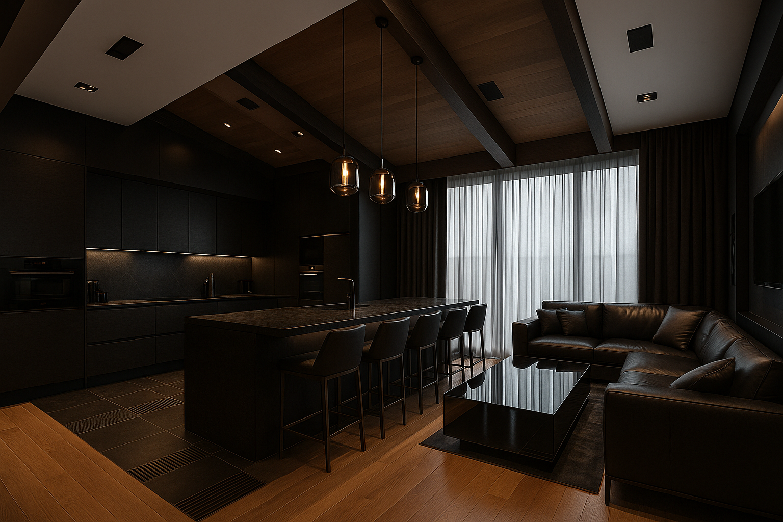 Кухня-гостиная: остров на шесть мест, графитовые фасады и янтарные подвесы — тёплый тёмный минимализм