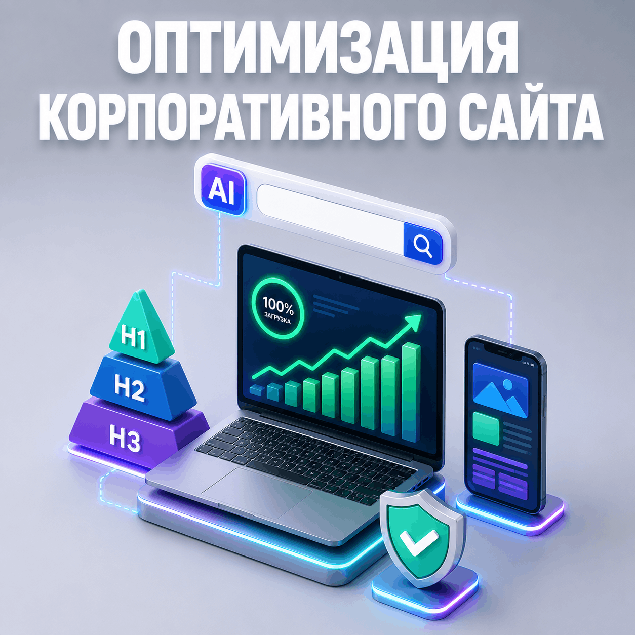 Пошаговое руководство по оптимизации корпоративного сайта от Mast Digital. На 3D-иллюстрации: ноутбук с графиками роста быстрая загрузка 100 адаптивность на смартфоне и символика AI-поиска.