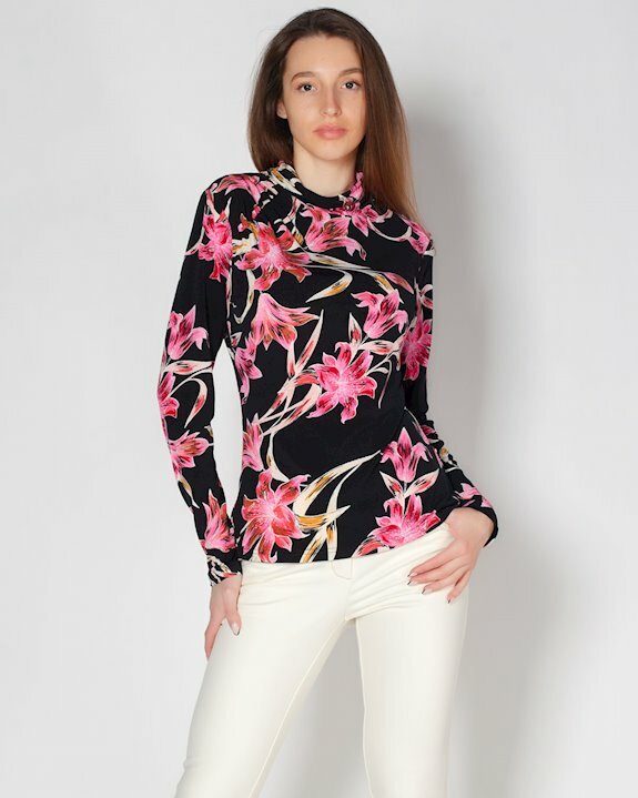 Дамска блуза с принт на цветя и полуполо яка, подходяща за зимата