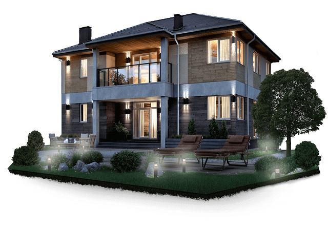 Частный дом с подсветкой фасада и ландшафтным освещением