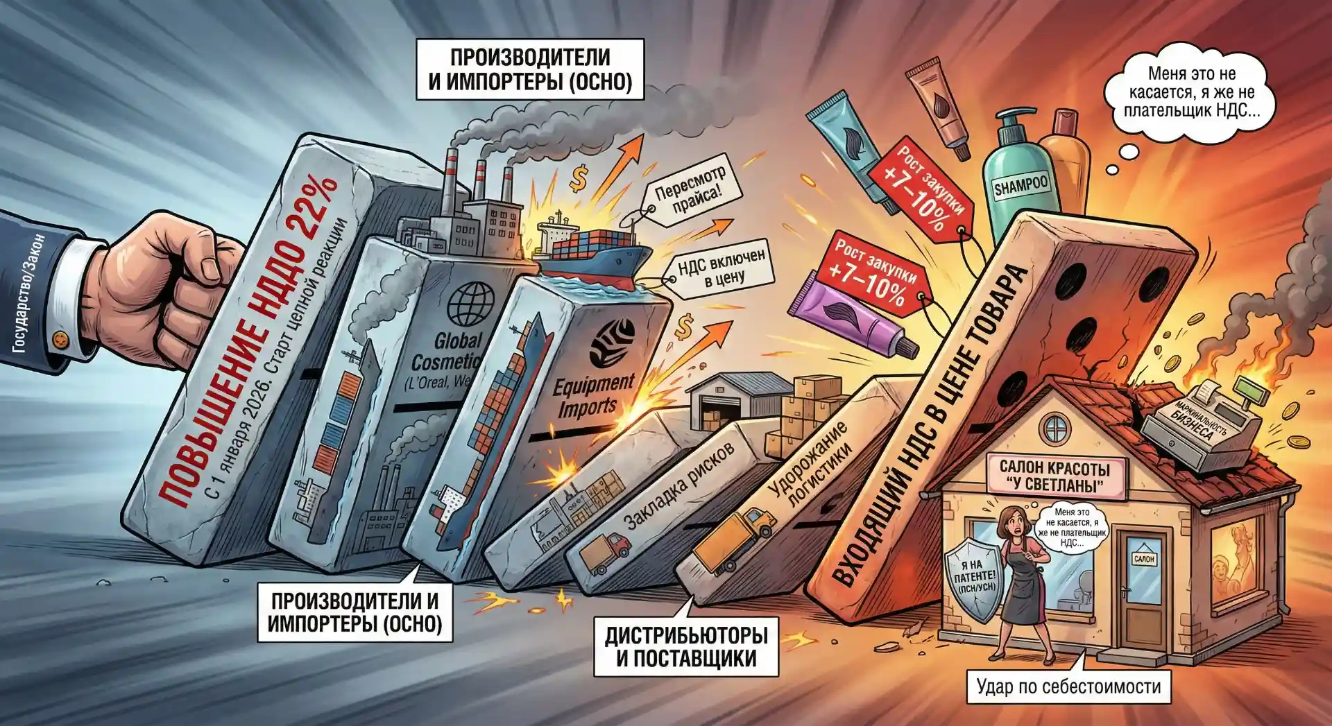 Иллюстрация эффекта домино: повышение НДС до 22% увеличивает стоимость импорта и логистики, что ударяет по ценам для салонов красоты на патенте.