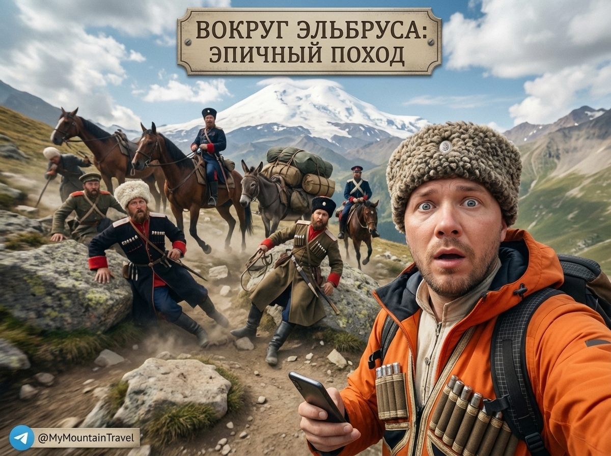 Группа туристов в горном походе вокруг Эльбруса на фоне ледников