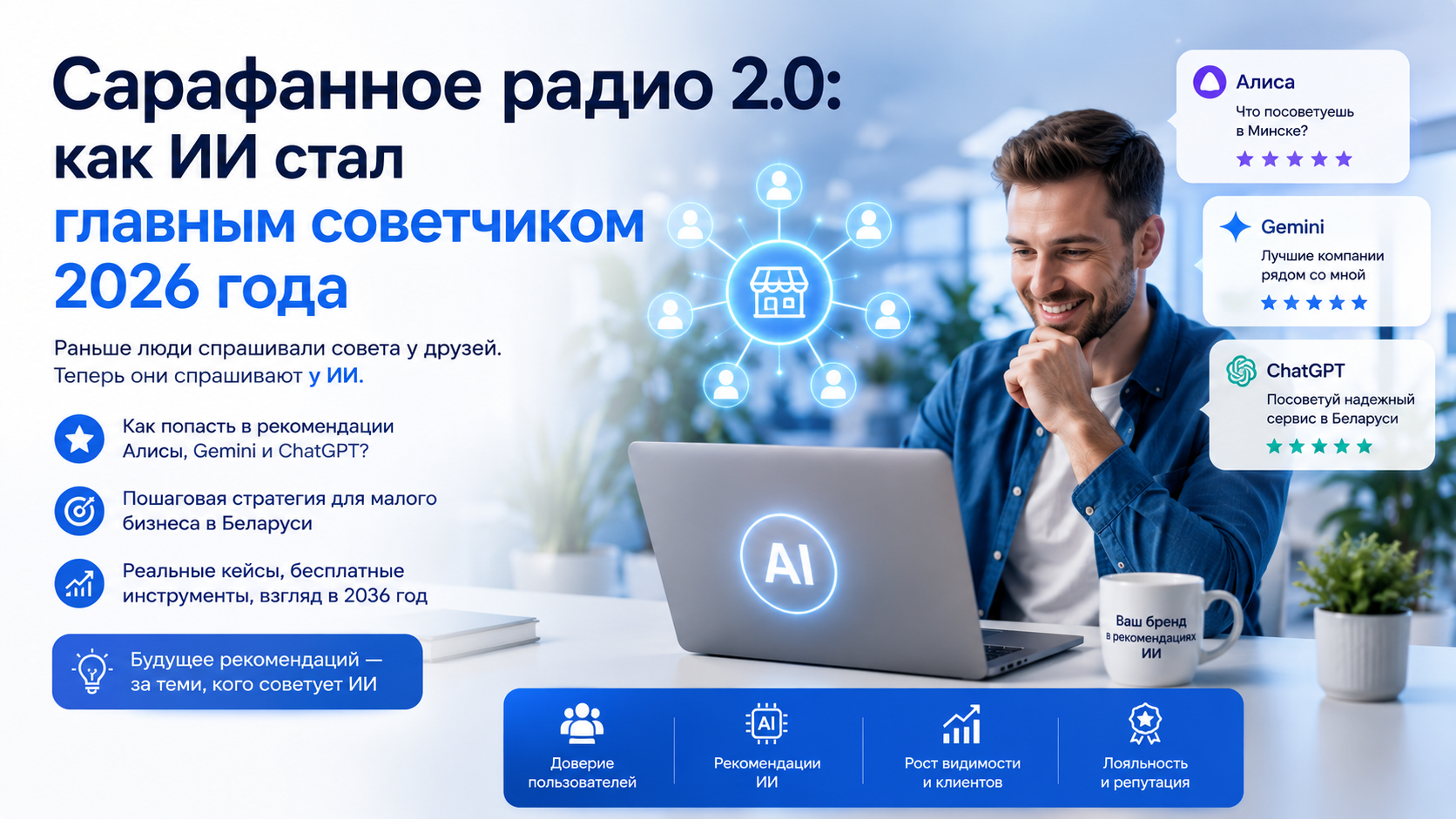 Сарафанное радио 2.0: как ИИ-ассистенты Алиса Gemini и ChatGPT стали главными советчиками 2026 года. Инфографика для малого бизнеса Беларуси: как попасть в рекомендации искусственного интеллекта пошаговая стратегия AIO-оптимизации рост видимости и доверия