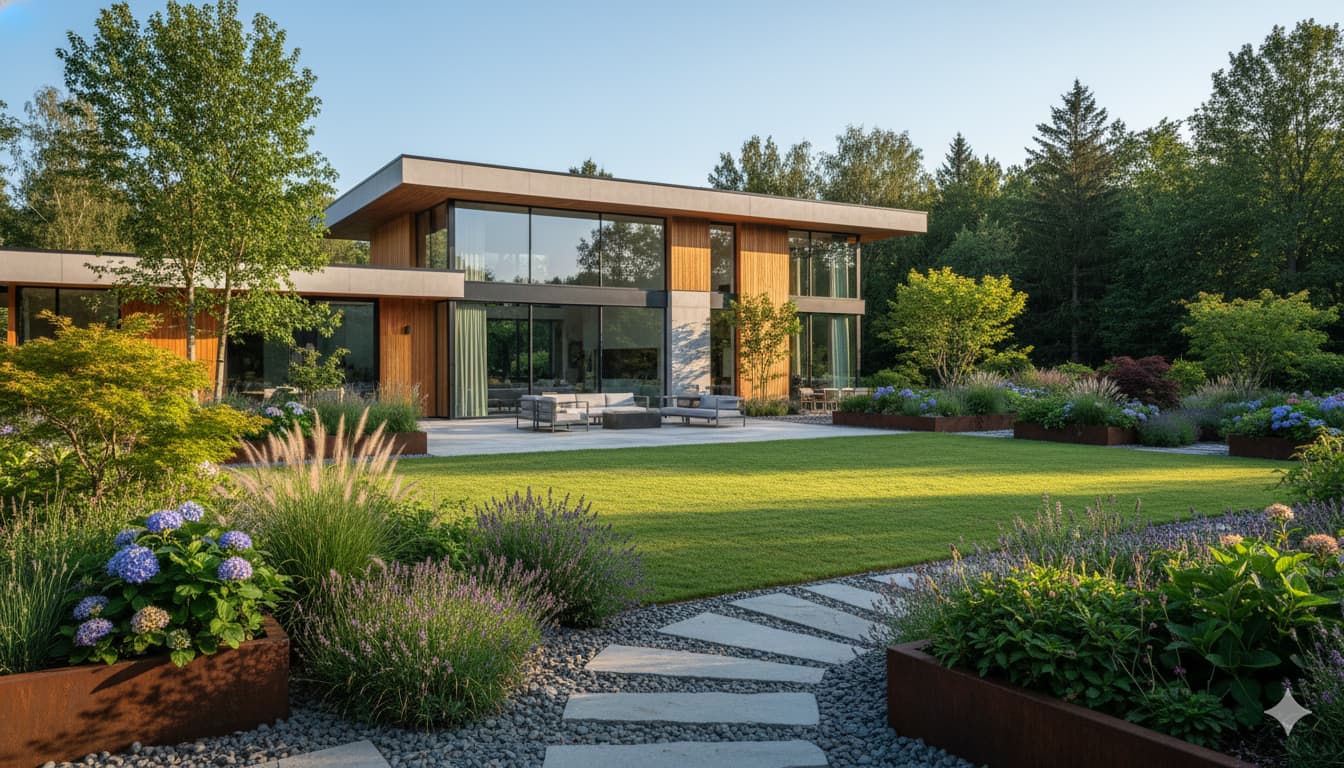 Красивый ухоженный сад возле современного загородного дома