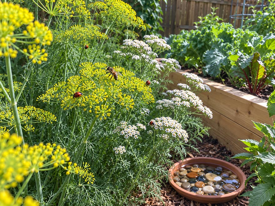 Flowering herb border that attracts and keeps ladybugs in the garden