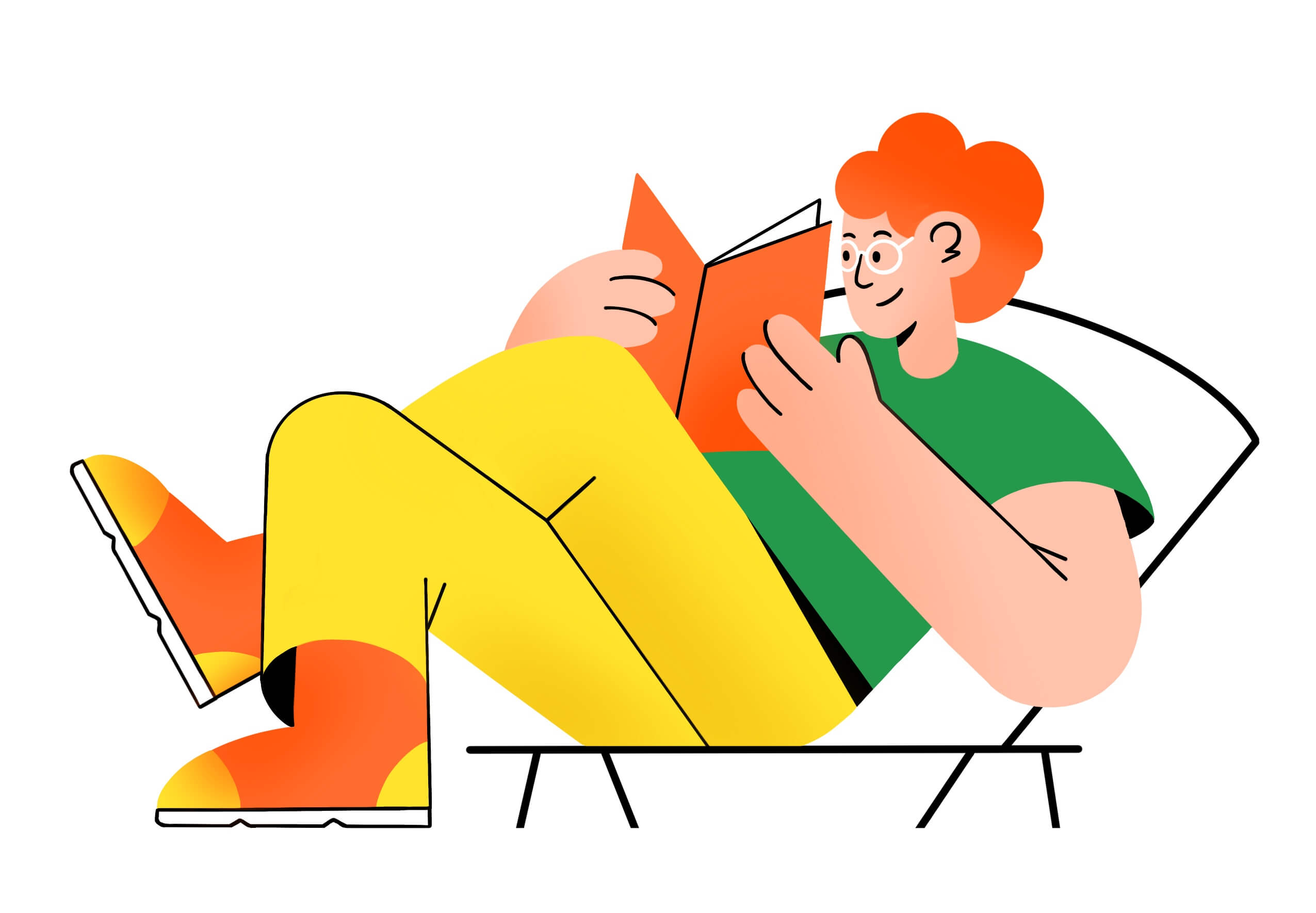 Цветная иллюстрация – Молодой человек с рыжими волосами в зеленой футболке и желтых штанах расслабленно читает книгу, лежа в кресле. Современная минималистичная векторная иллюстрация