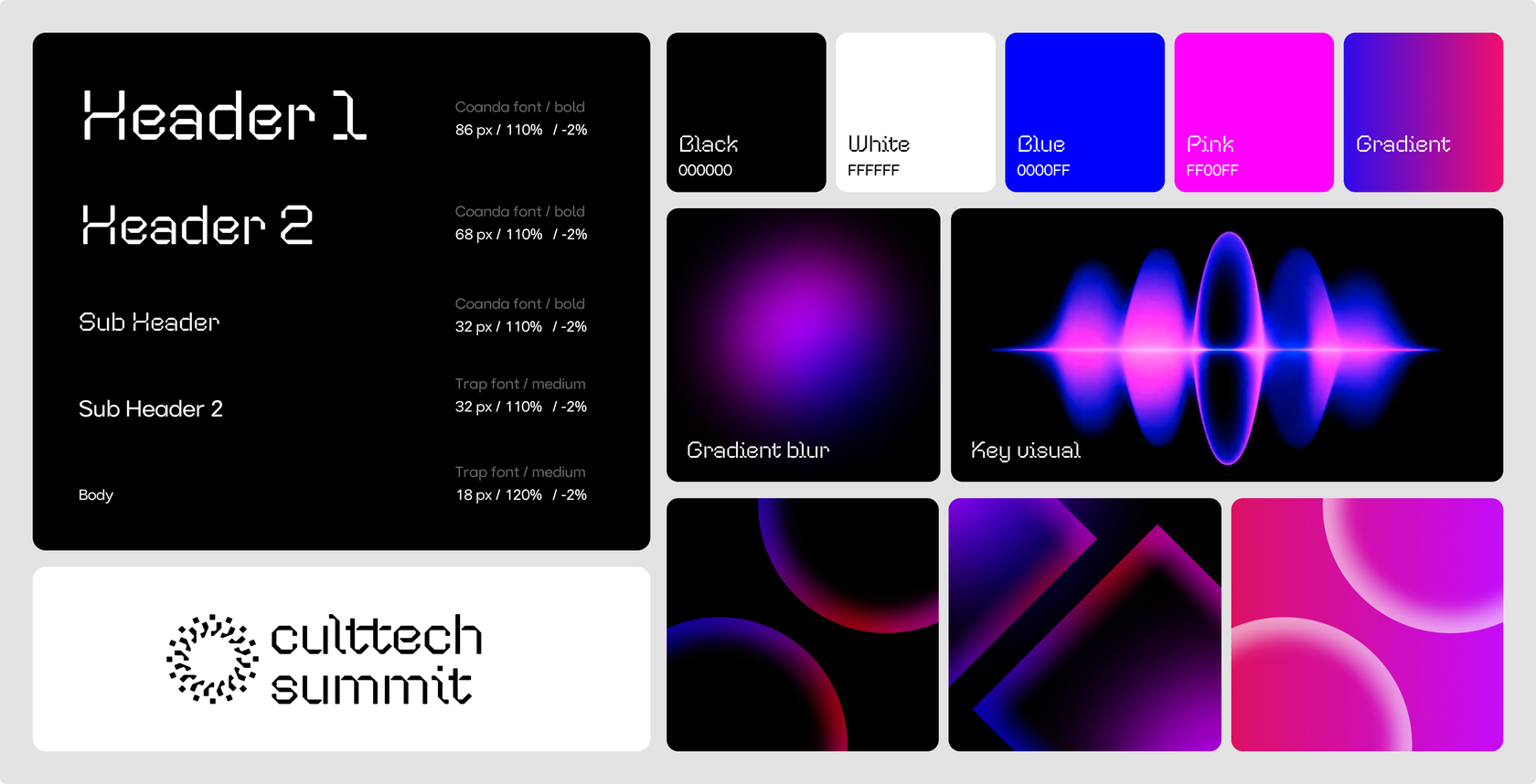 CultTech Summit design system — type scale, color palette, gradients, and the keyvisual
