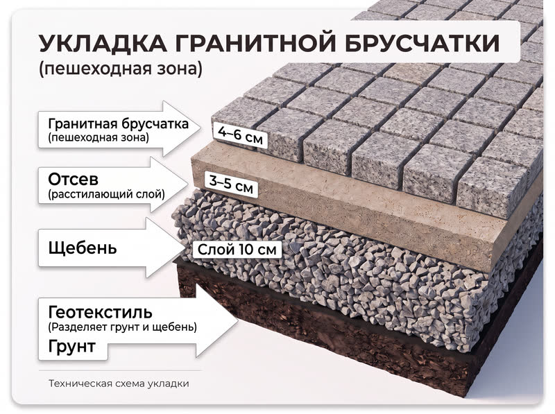Схема укладки гранитной брусчатки по слоям, пешеходная зона: брусчатка 4–6 см, отсев 3–5 см, щебень 10 см, геотекстиль, грунт
